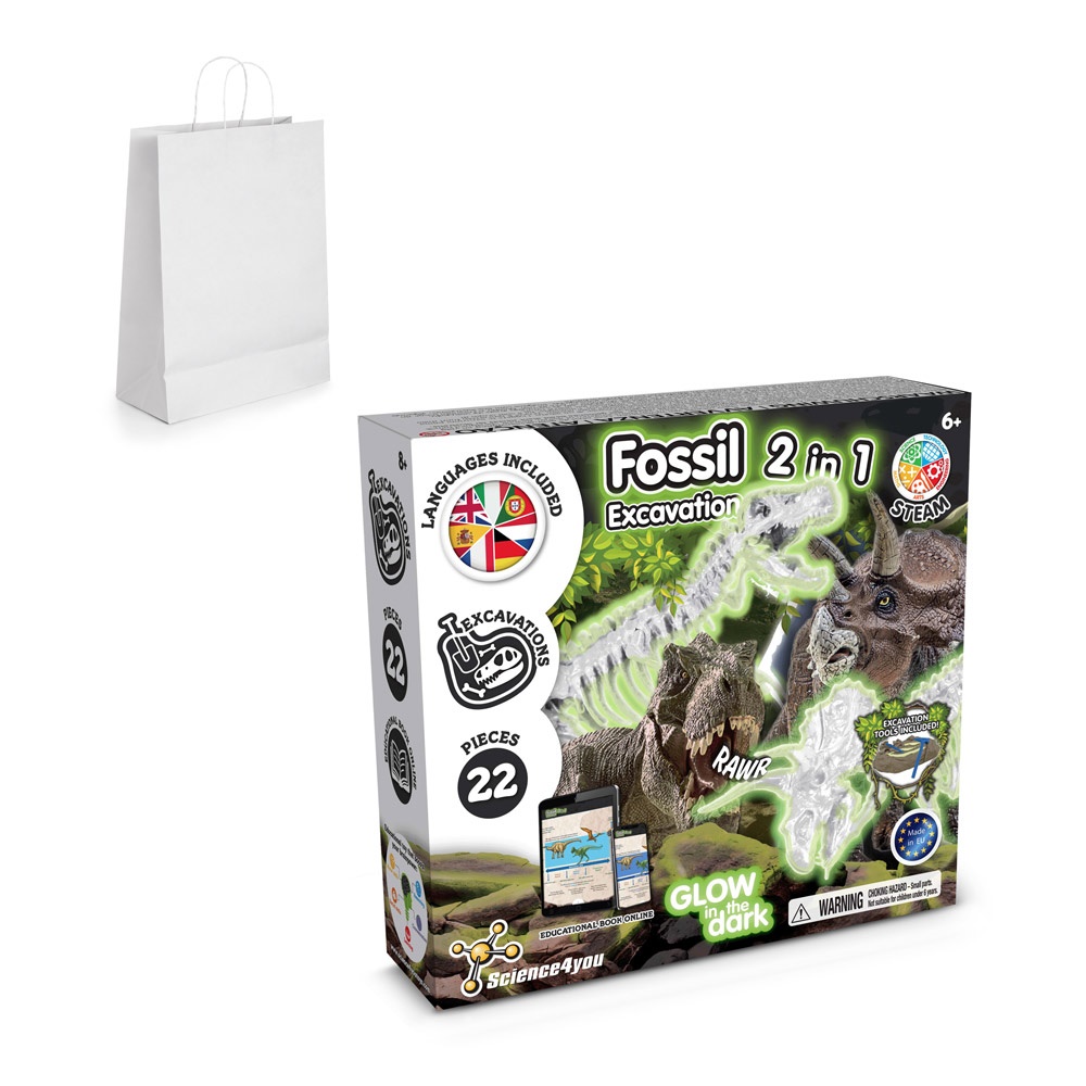2 in 1 Fossil Excavation Kit II. Juego educativo suministrado con una bolsa de regalo de papel kraft (90 g/m²), fabricado con material certificado FSC™ y otros materiales controlados