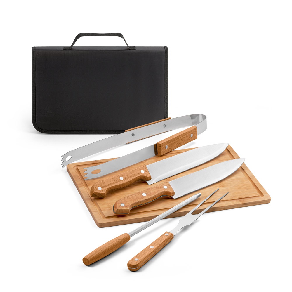 FLARE. Conjunto de 5 utensilios para barbacoa y tabla de bambú. Hecho en madera y acero inoxidable