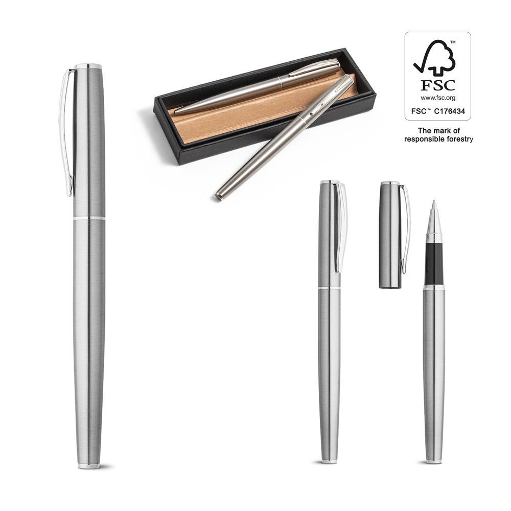ELLA. Set de bolígrafo y roller con cuerpo de acero inoxidable (53% rSS) con clip