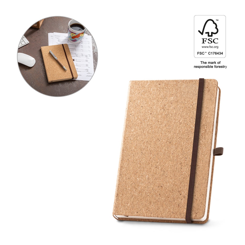 HAWKINS A5. Libreta de corcho A5 con páginas lisas en material certificado FSC™ y otros materiales sostenibles,