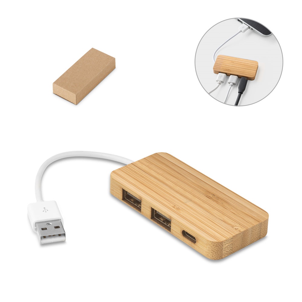 MOSER. HUB con 2 puertos USB-A y 1 USB-C, fabricados en bambú