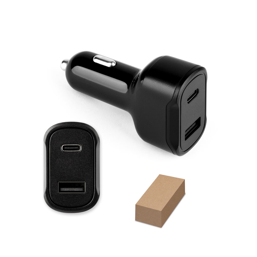 DIRAC. Adaptador para mechero con puerto USB-A de 18 W y USB-C de 20 W en 100% rABS
