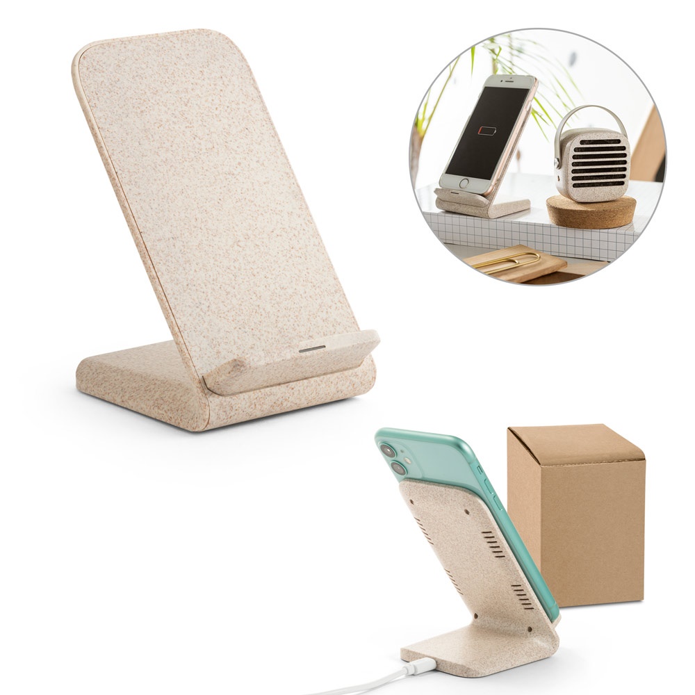 ENGLERT. Soporte para smartphone con cargador inalámbrico, rápido, de 10 W en ABS reciclado (100% rABS) y fibra de paja de trigo