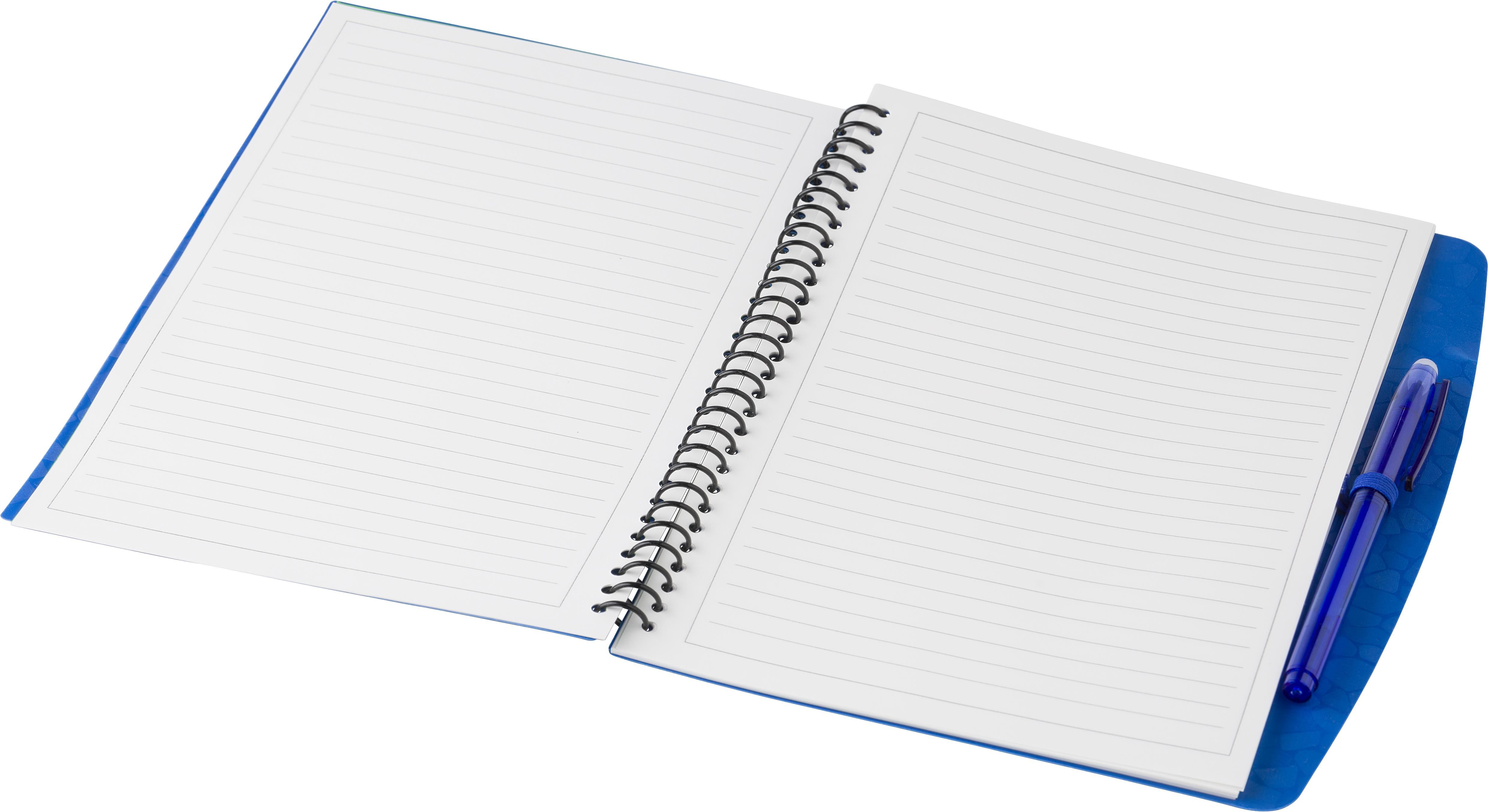 Libreta de PP, papel celular y bolígrafo. Aaron
