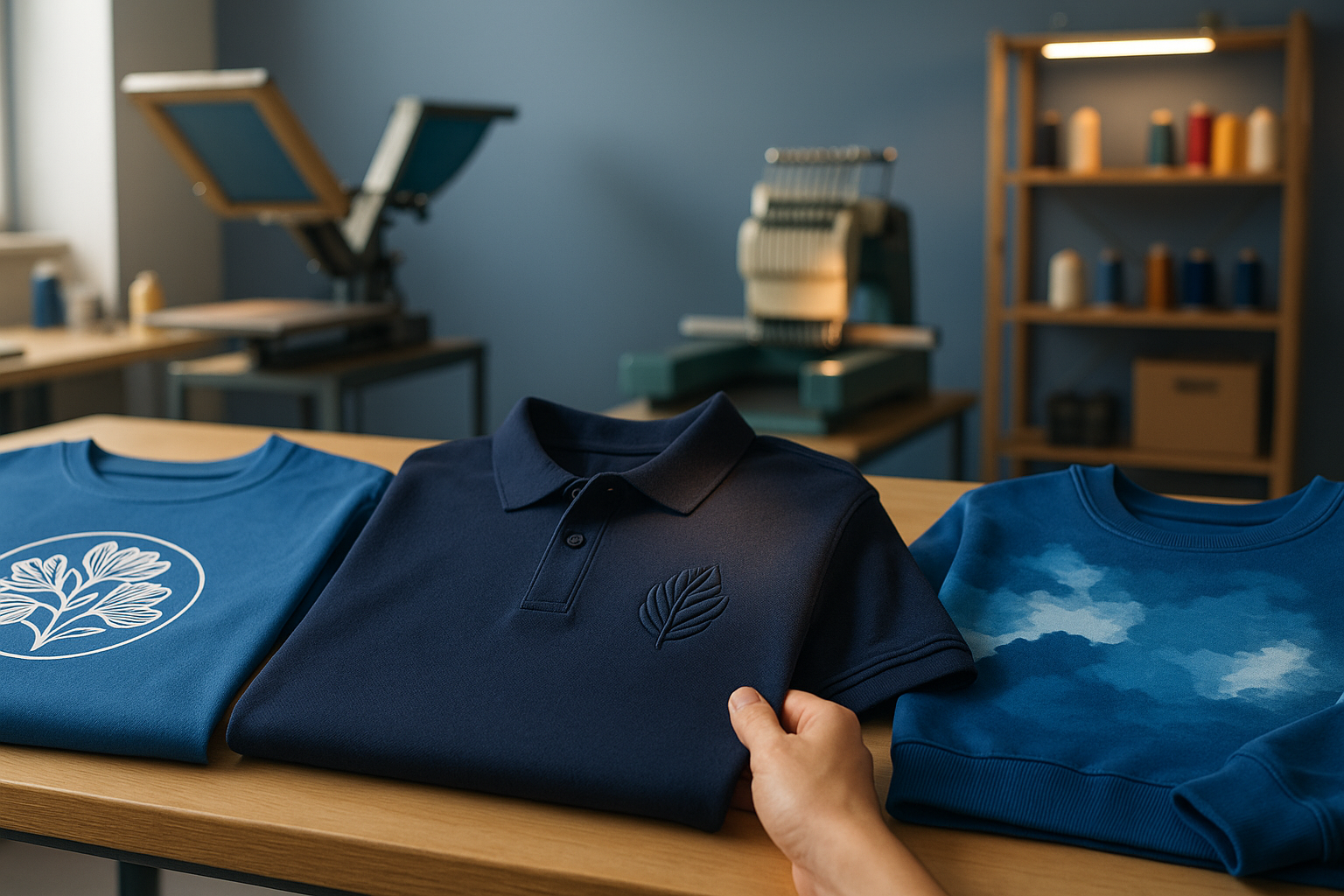 Taller con camiseta serigrafiada, polo bordado y sudadera sublimada; comparación de marcaje textil en ropa corporativa