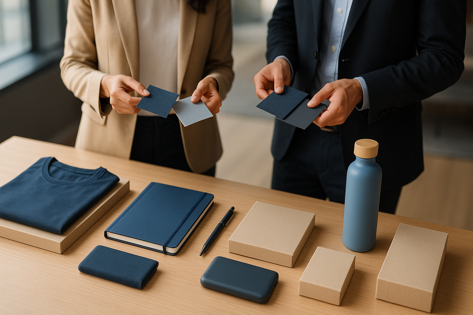 Mesa con regalos promocionales premium: textil, libreta, bolígrafo, powerbank y botella eco; dos técnicos revisan acabados.
