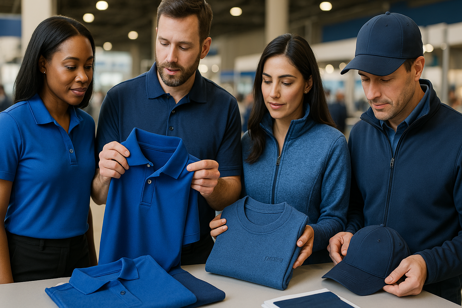 Equipo diverso en stand con polos, camisetas y chaquetas con bordado, serigrafía y transfer; ropa corporativa personalizada