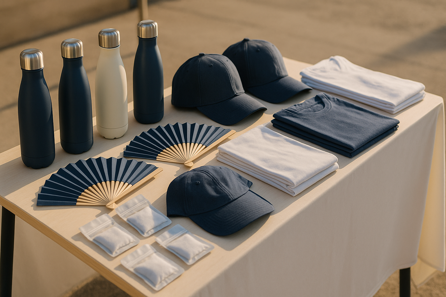 Mesa de stand con regalos para ferias: botellas isotérmicas, abanicos, gorras y camisetas, luz cálida y fondo desenfocado.