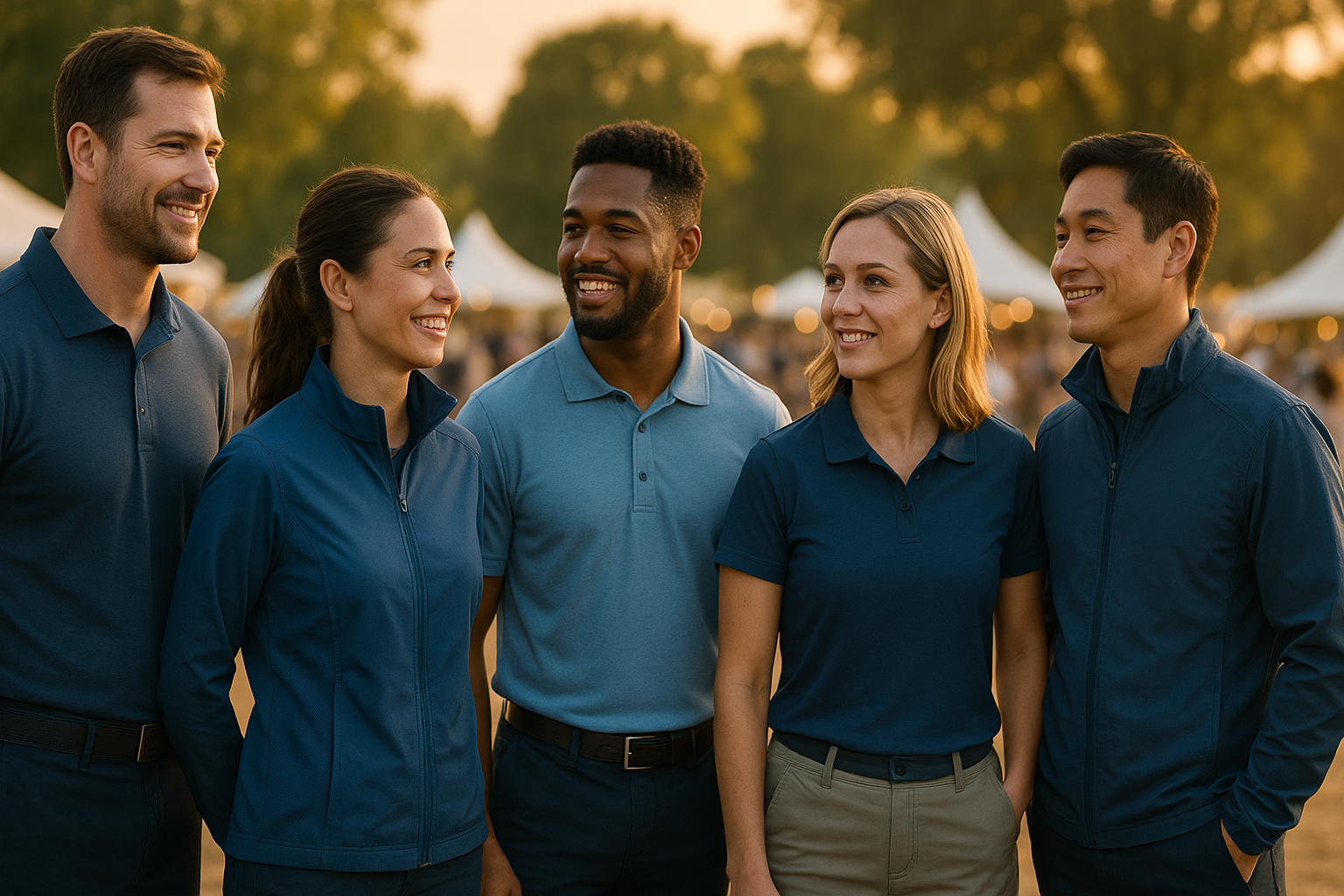 Equipo de staff en evento al aire libre con ropa corporativa transpirable, polos y chaquetas técnicas con paneles mesh.