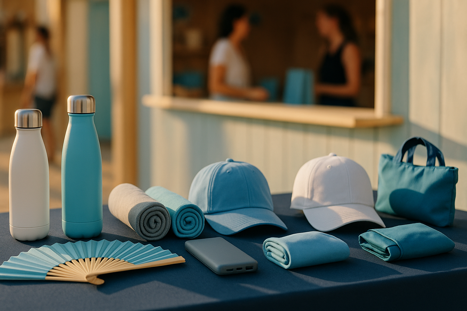 Mostrador de feria con regalos publicitarios ferias: botellas, abanicos, toallas, gorras y powerbank, luz cálida.