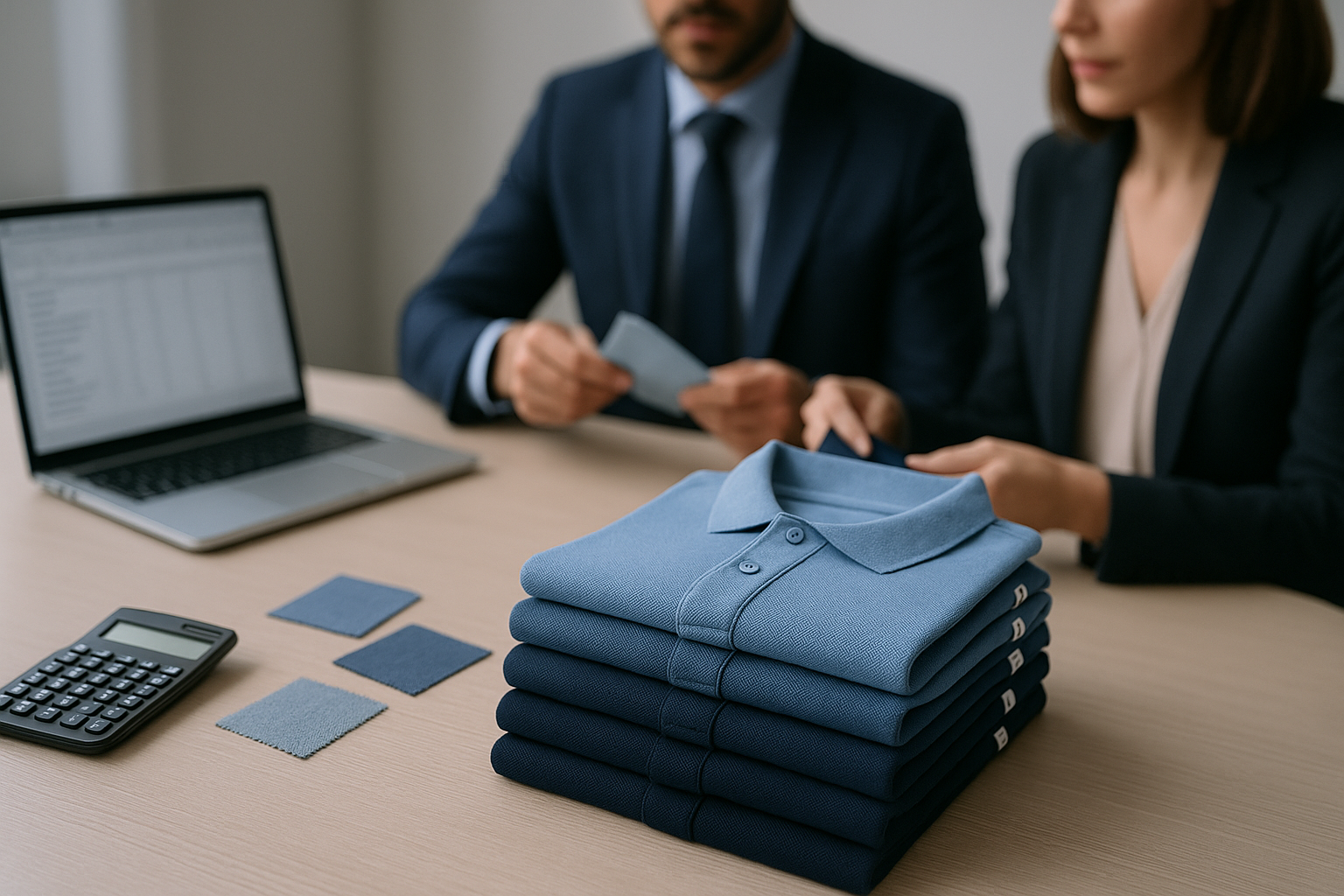 Mesa de reuniones con pila de polos ordenados, muestras de tejido y calculadora; personalizar 100 polos para eventos