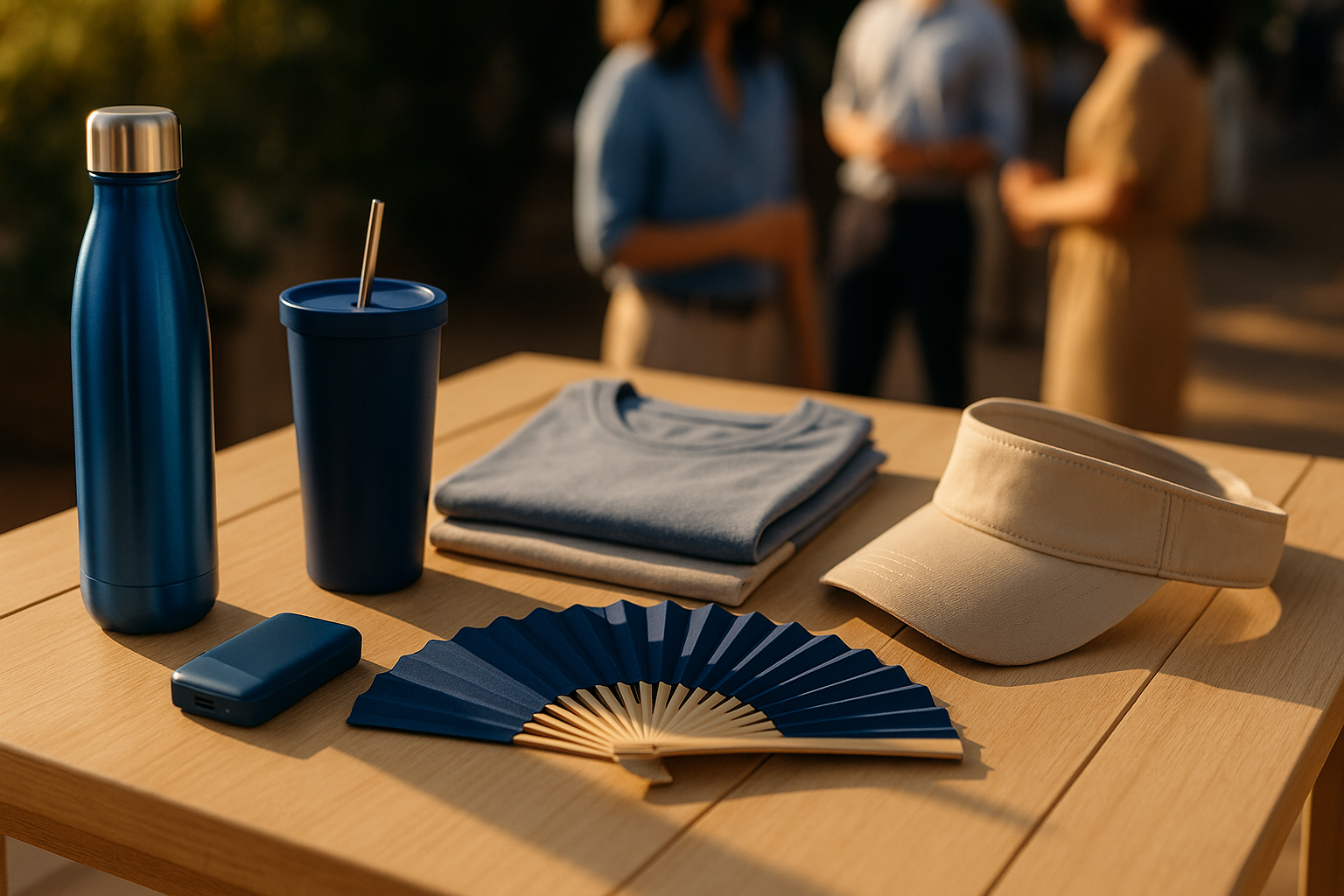 Mesa con regalos promocionales verano: botellas térmicas, vasos reutilizables, camisetas y viseras en evento al aire libre.