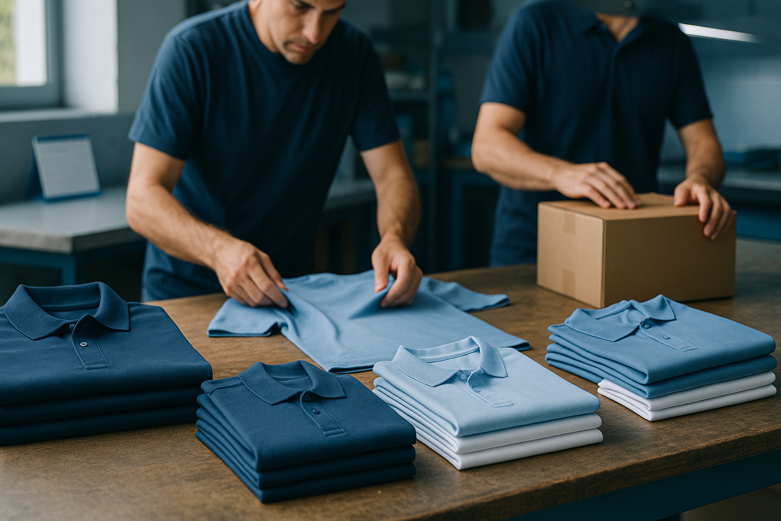 Plano de taller en verano con camisetas y envíos; plazos de producción y control de calidad en personalización textil.