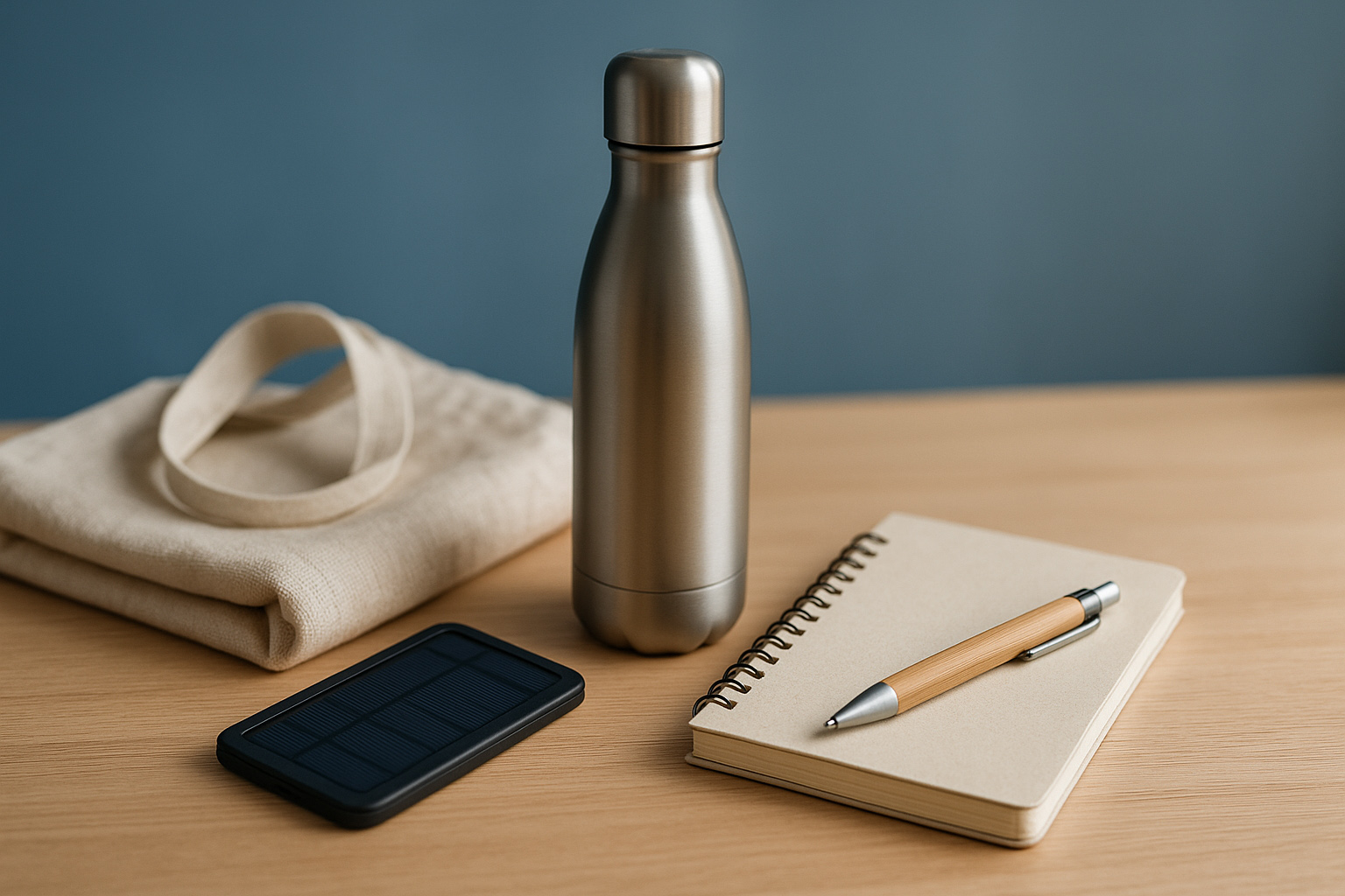Regalos sostenibles sobre mesa: bolsa de algodón reciclado, botella de acero, cuaderno, cargador solar y bolígrafo de bambú