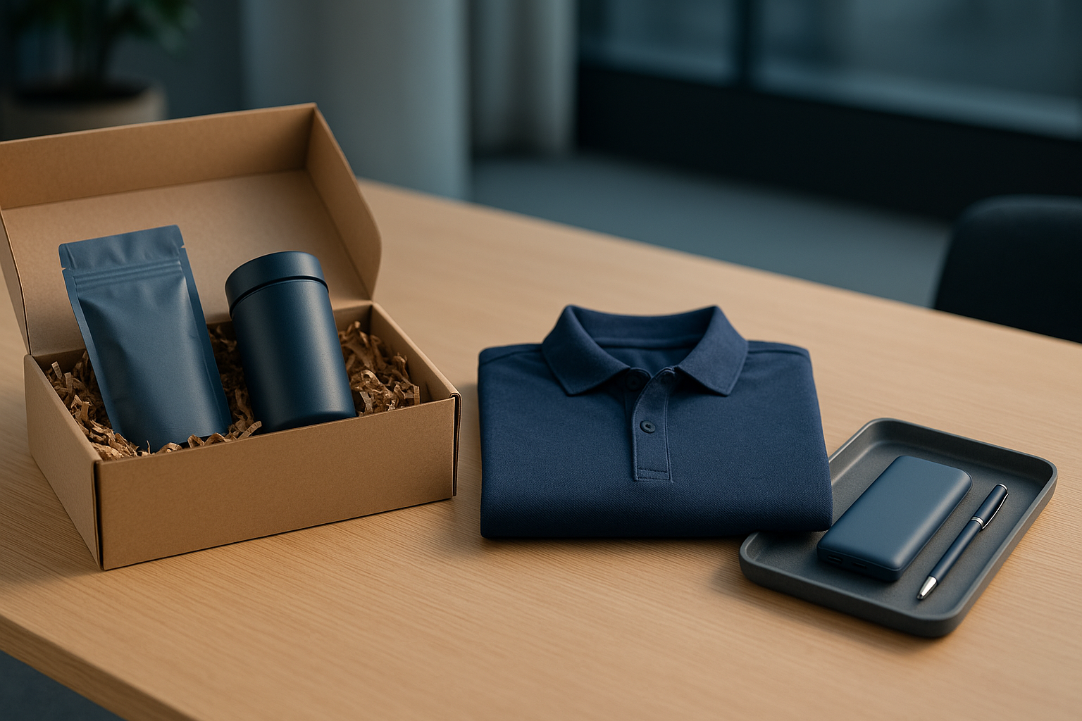 regalos corporativos personalizados en mesa de oficina: polo bordado, kit de café y bolígrafo con iluminación natural