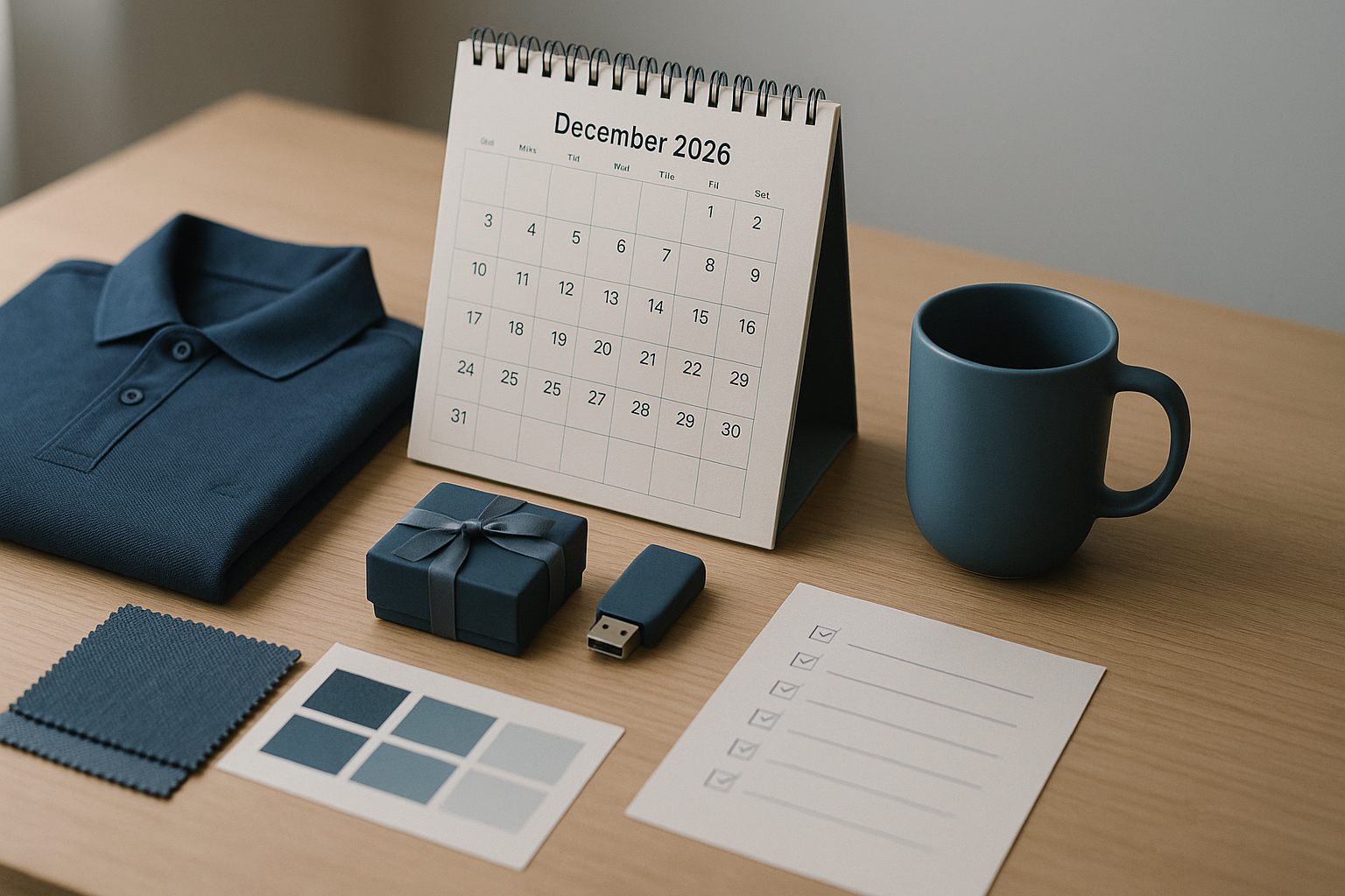 Mesa de trabajo con calendario diciembre 2026 y muestras de regalos de empresa Navidad, telas y checklist, luz natural