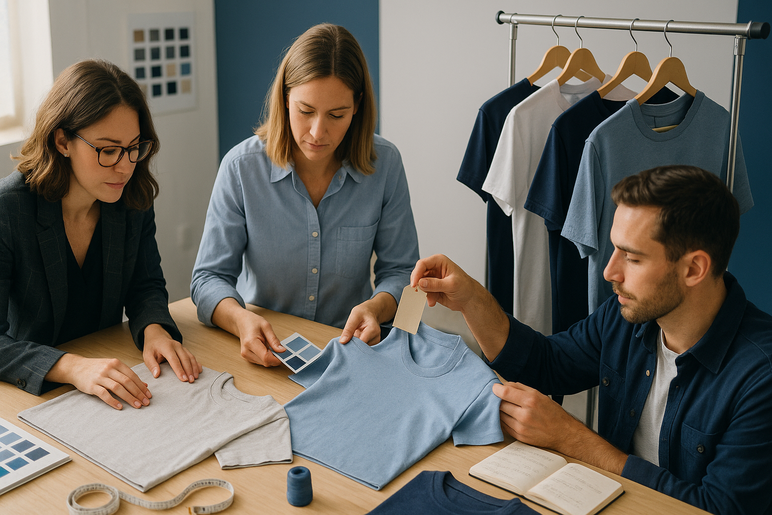 Equipo revisando camisetas personalizadas en sala de reuniones, comparando tejidos y colores sobre mesa con muestrarios