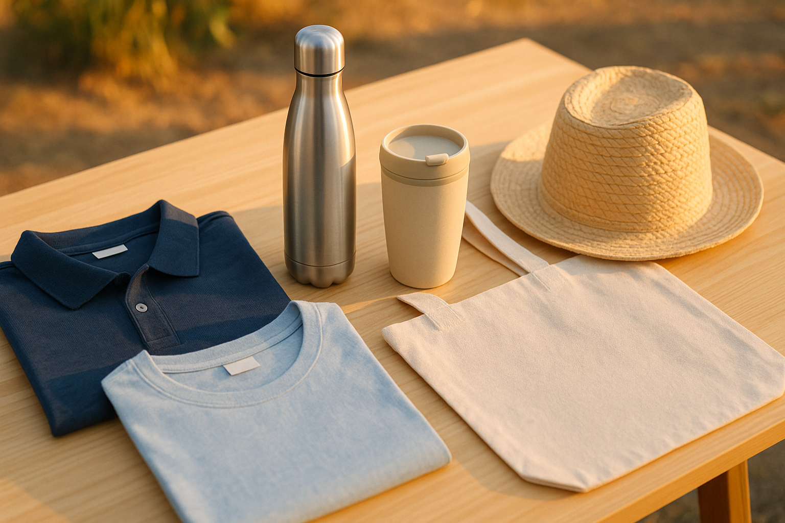 Regalos sostenibles verano para eventos: textil orgánico, botella de acero, vaso térmico y tote bag en luz dorada.
